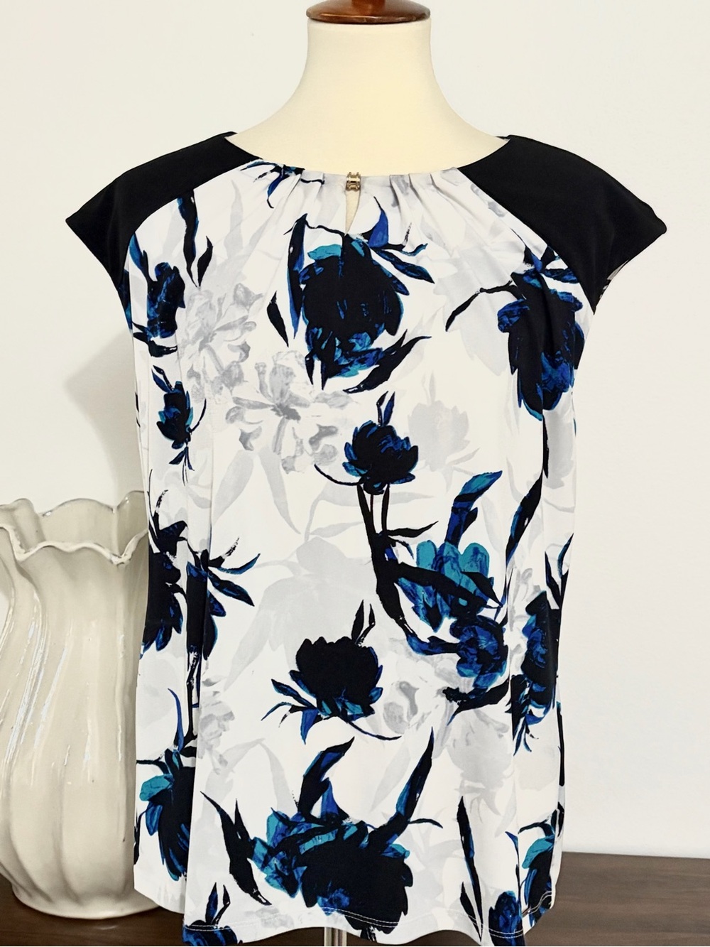 Ivanka Trump White Floral Print Blouse with Black Shoulders